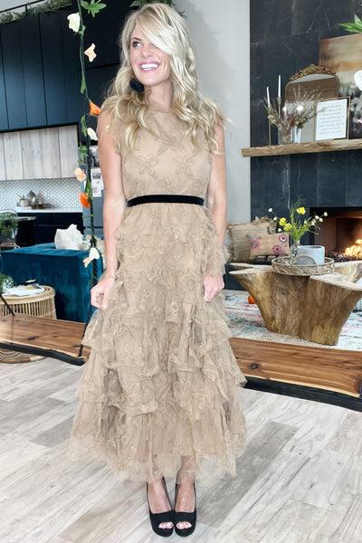 Camel Floral Tulle Tiered Dress