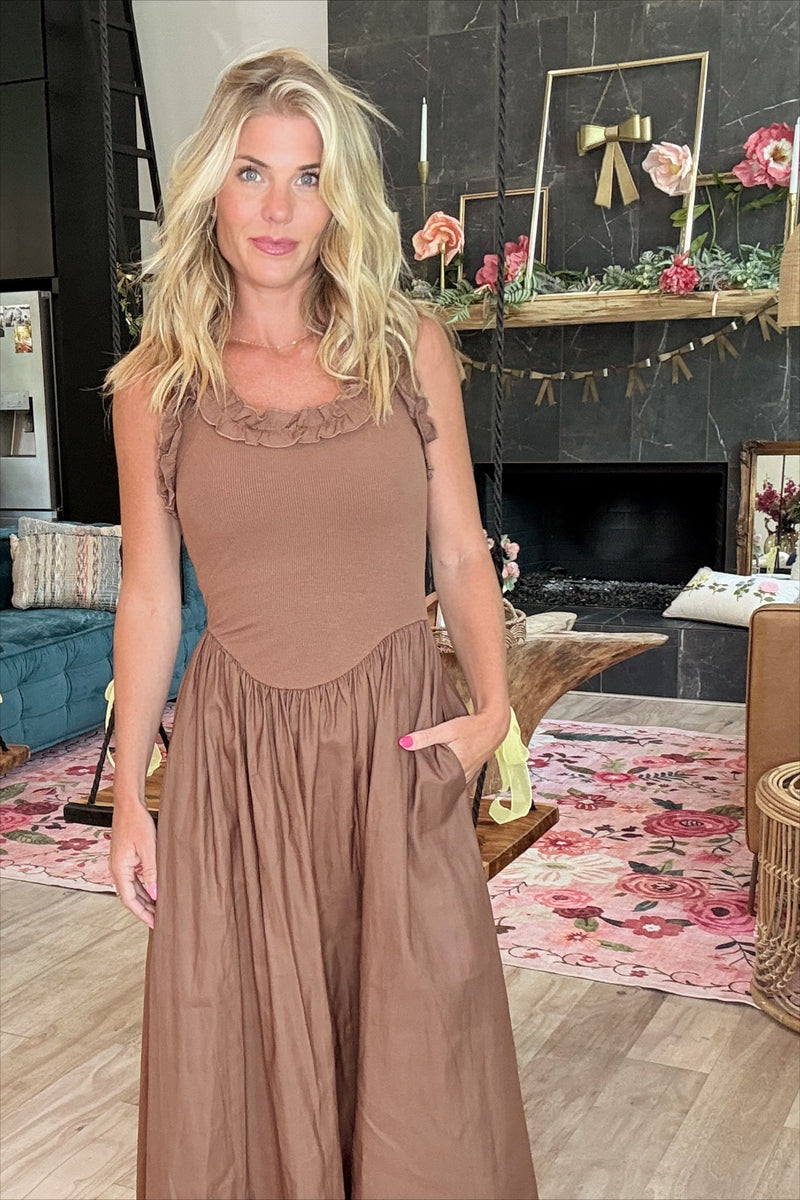 Brown Ruffle Strap Midi Dress Medium