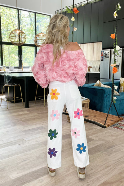 White Flower Print Straight Leg Pants
