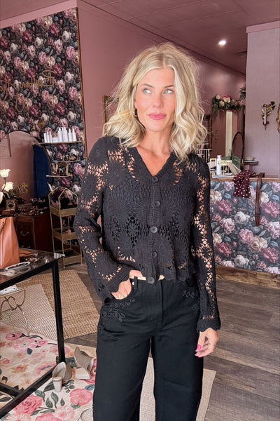 Black Crochet Lace Button Top
