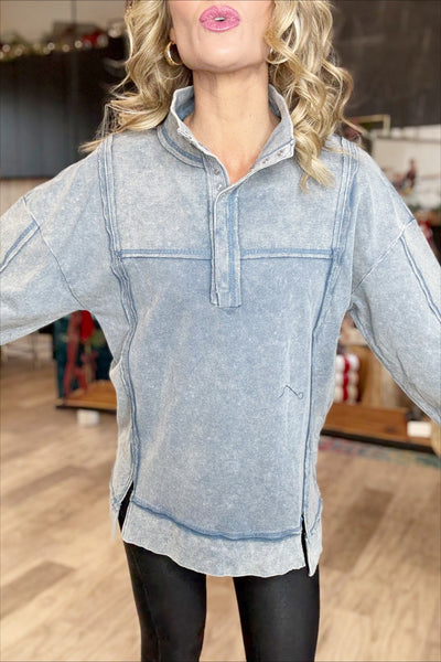 Denim Blue Washed 1/4 Button Top