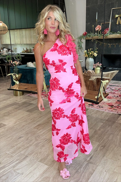 Pink Floral Ruffle One Shoulder Maxi Dress