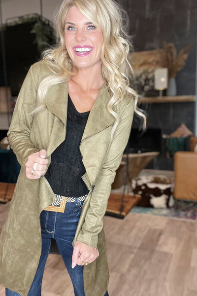 Olive Faux Suede Zippered Long Jacket