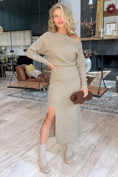 Taupe Brushed Ribbed Knit Off The Shoulder Midi Dress