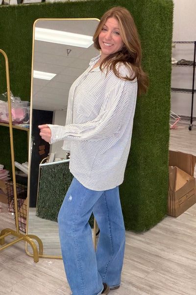 Taupe Striped Hi-Low Button Down Top