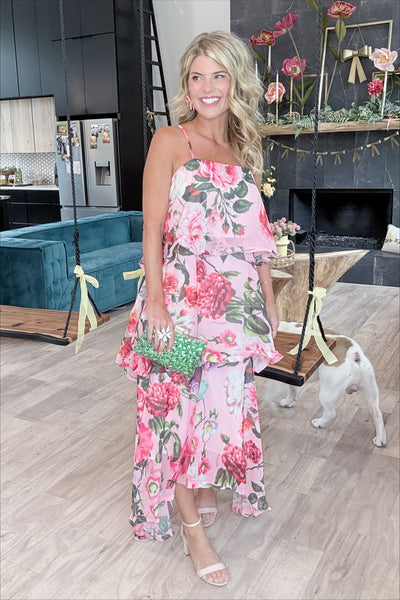 Pink Floral Ruffle Tiered Maxi Dress
