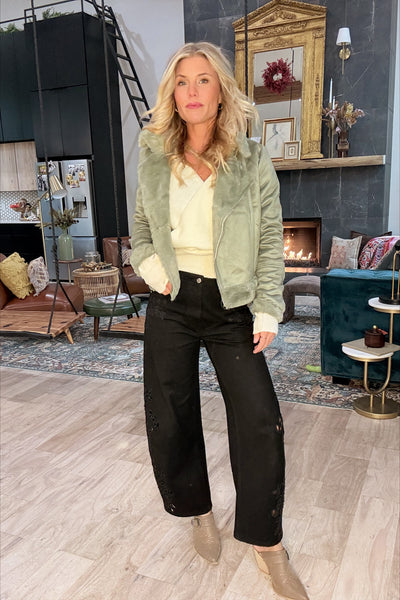 Sage Suede Faux Fur Moto Jacket