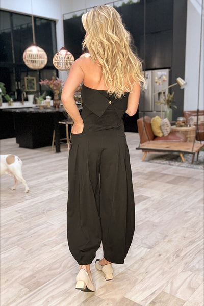 Black Strapless Pleated Barrel Jumpsuit