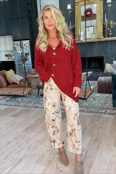 Red Knit Open Front Cardigan