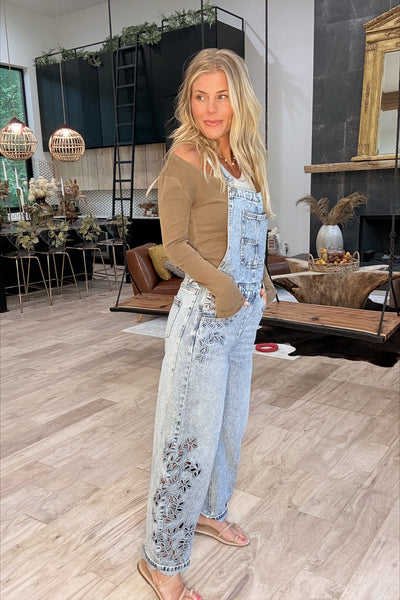 Denim Embroidered Wide Barrel Leg Overalls