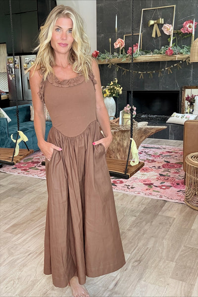 Brown Ruffle Strap Midi Dress