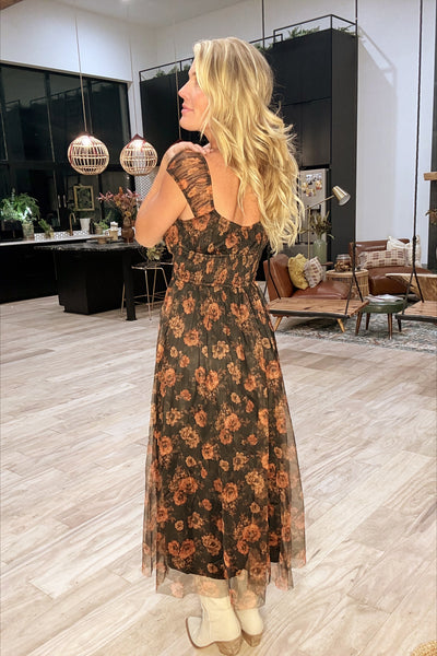 Dark Floral Tulle Tiered Dress