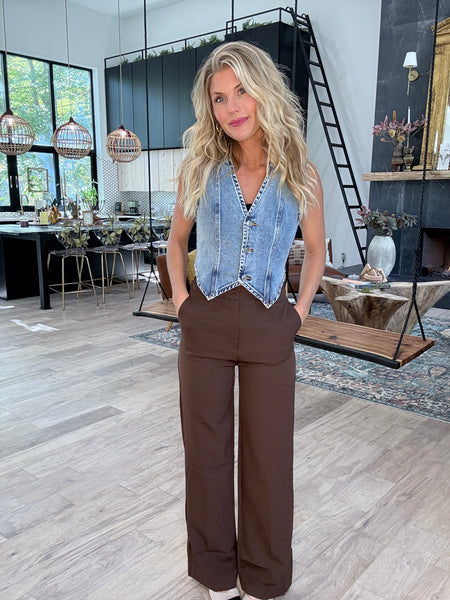 Brown Straight Leg Lace Trim Pants