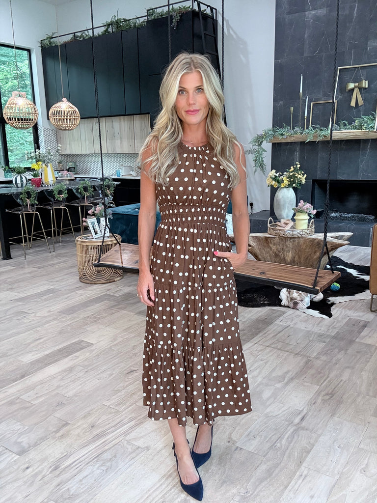 Brown & White Polka Dot Midi Dress Small