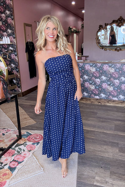 Navy Strapless Polka Dot Dress