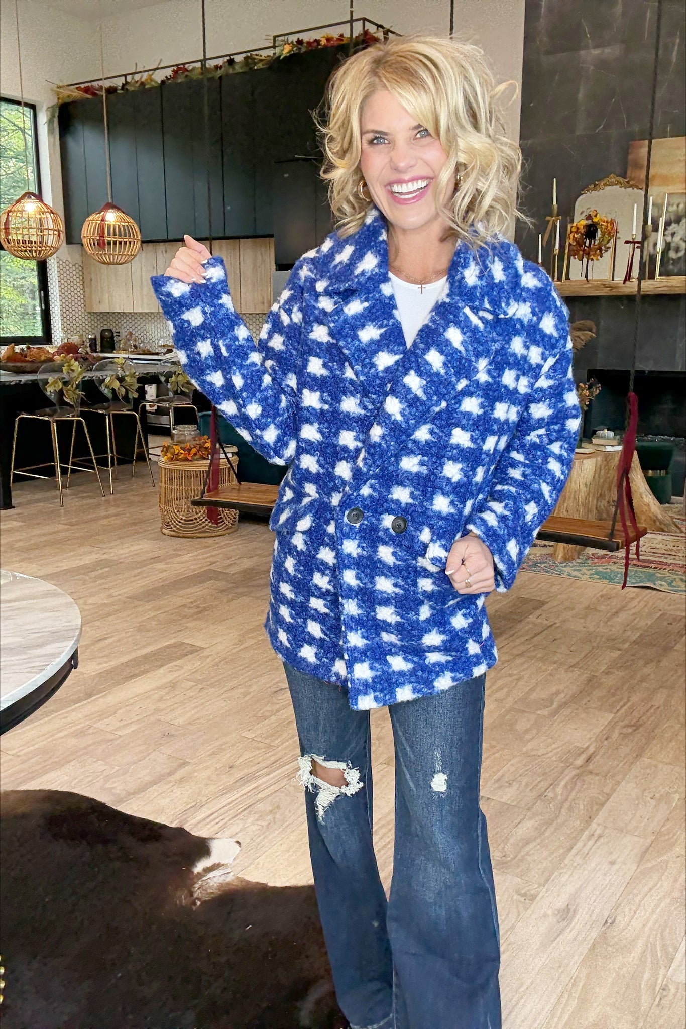 Blue Checkered Button Coat