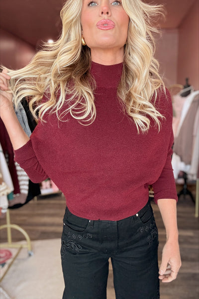 Burgundy Mock Neck Batwing Ribbed Sweater