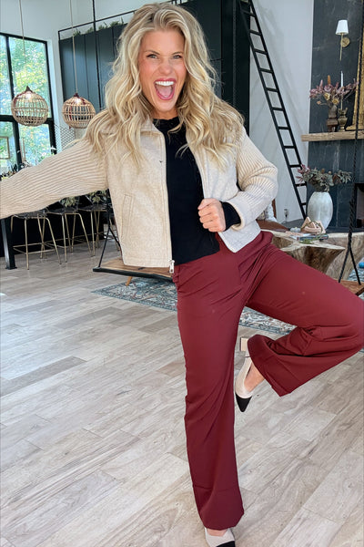 Burgundy Straight Leg Lace Trim Pants