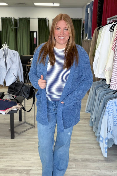 Dusty Blue Open Front Popcorn Cardigan