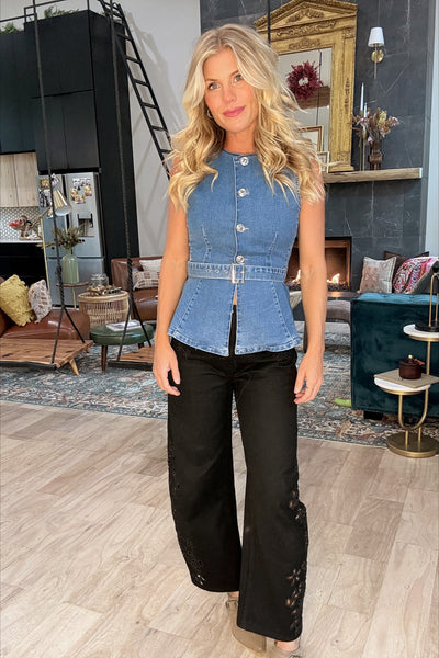 Denim Button Front Peplum Vest