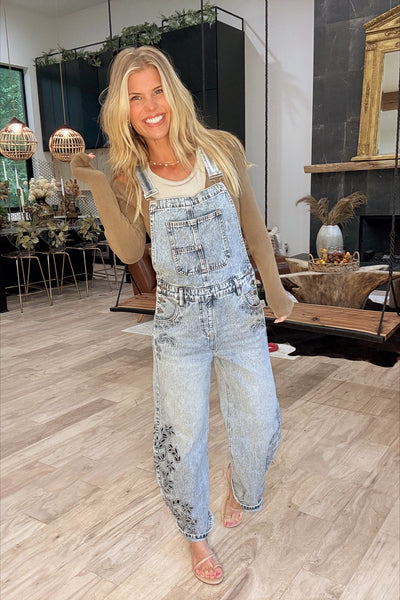 Denim Embroidered Wide Barrel Leg Overalls