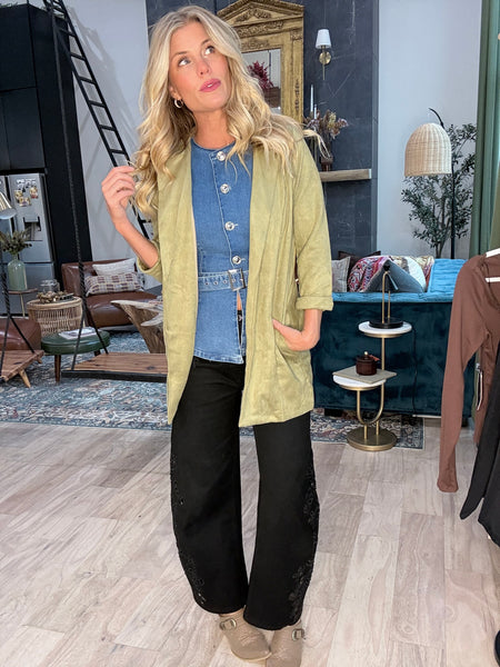 Sage Suede Open Front Blazer Jacket