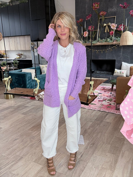 Lavender Open Front Popcorn Cardigan