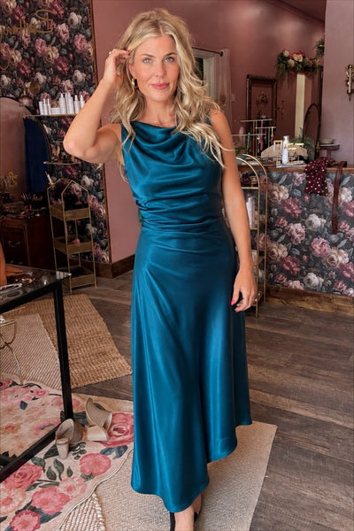 Teal Satin Cowl Neck Dress