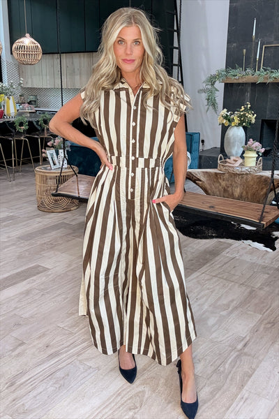Brown & Cream Striped Wide Leg Jumpsuit