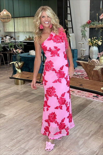 Pink Floral Ruffle One Shoulder Maxi Dress