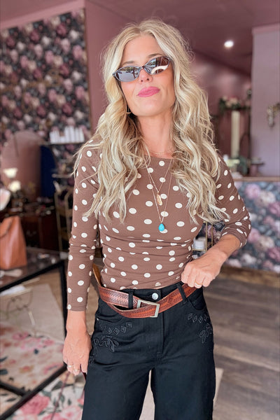 Brown Polka Dot Boat Neck Top