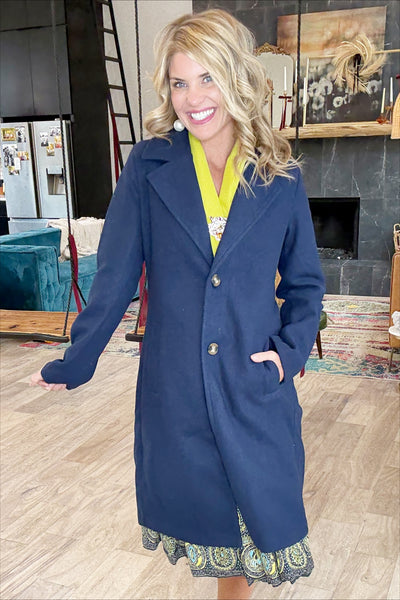 Navy Button Front Long Coat