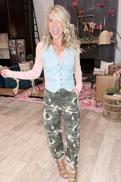 Camo Mid Rise Crop Slight Barrel Jeans