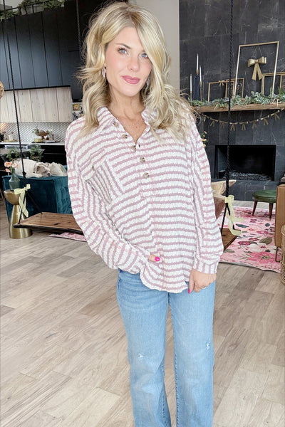 Lavender Striped Quarter Button Top