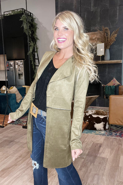 Olive Faux Suede Zippered Long Jacket