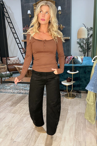 Brown Lace Trim Ribbed Knit Henley Top