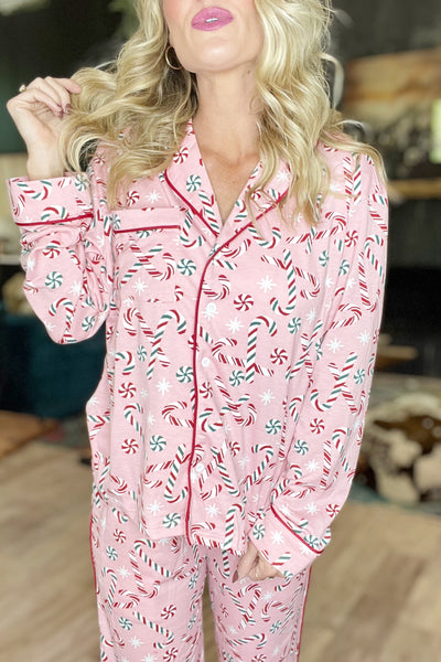 Pink Christmas Peppermint Long Sleeve And Pant Loungewear Set