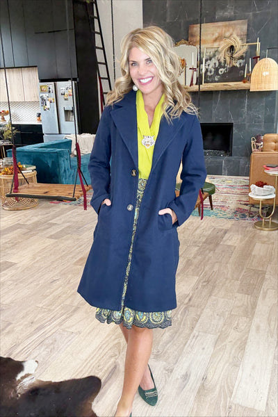 Navy Button Front Long Coat