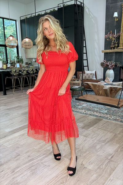 Red Polka Dot Tulle Tiered Midi Dress