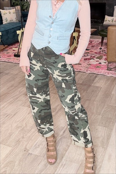 Camo Mid Rise Crop Slight Barrel Jeans