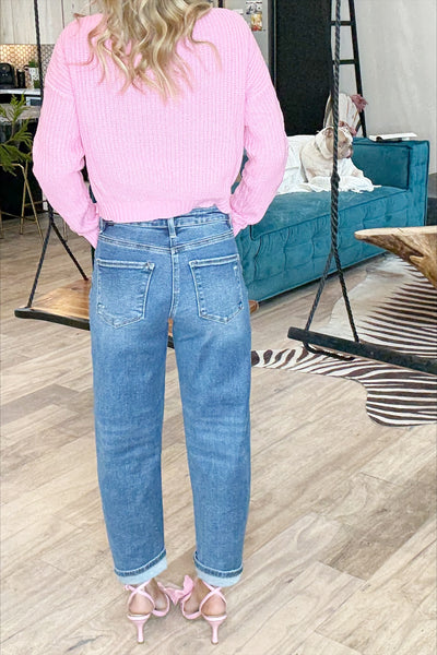 Medium Wash High Rise Crop Barrel Jeans