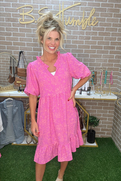 Women's pink tiered flowy dress from B.E. Humble boutique