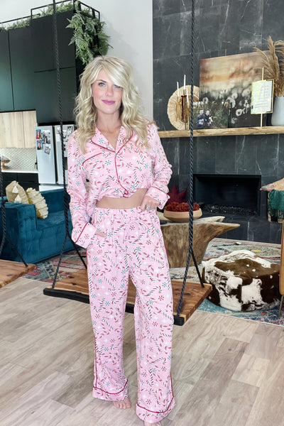 Pink Christmas Peppermint Long Sleeve And Pant Loungewear Set