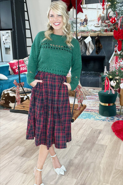 Christmas Plaid Pleated Midi Skirt