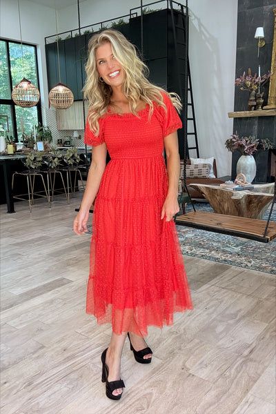 Red Polka Dot Tulle Tiered Midi Dress