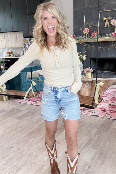 Light Wash Distressed Midi Shorts