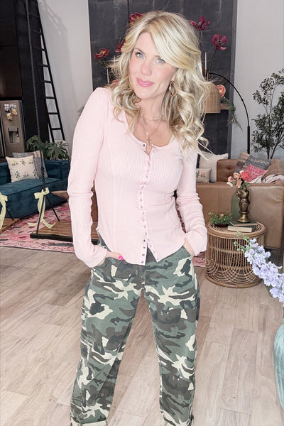 Blush Button Front Ribbed Knit Top