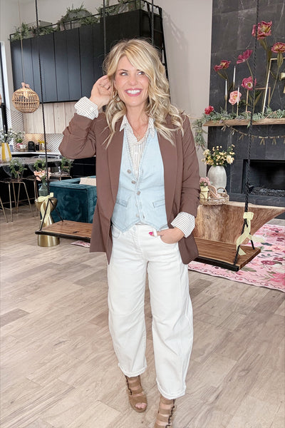 Mocha Striped Hi-Low Button Down Oversized Top