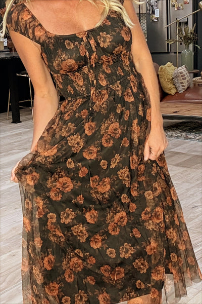 Dark Floral Tulle Tiered Dress