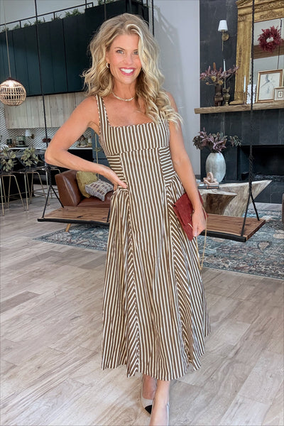 Brown & Cream Striped Buckle Back Midi Dress
